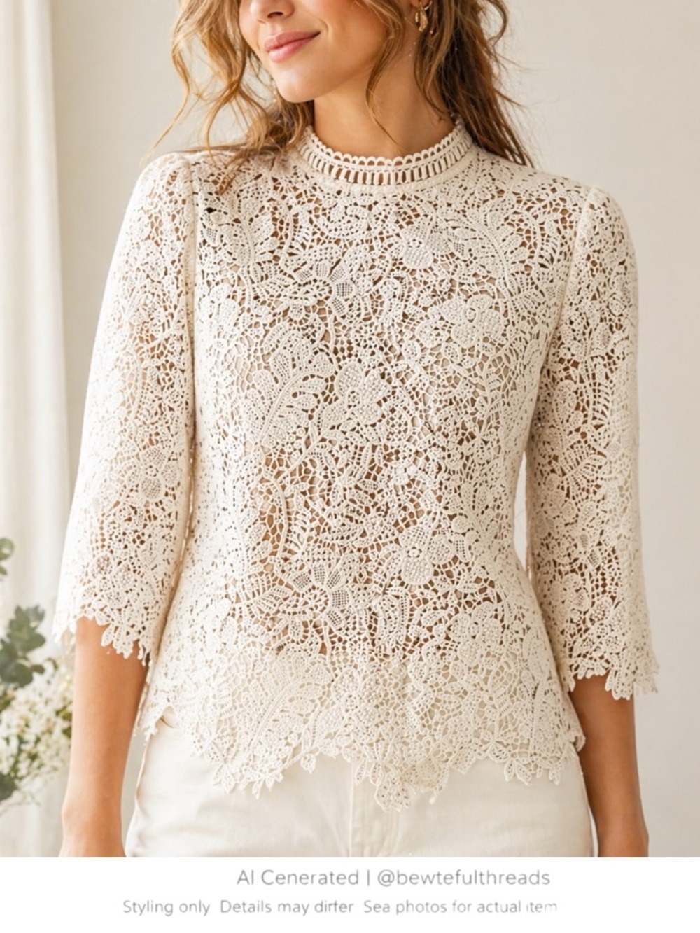 Ivory Lace Cottagecore Blouse Romantic High Neck Bridal Top